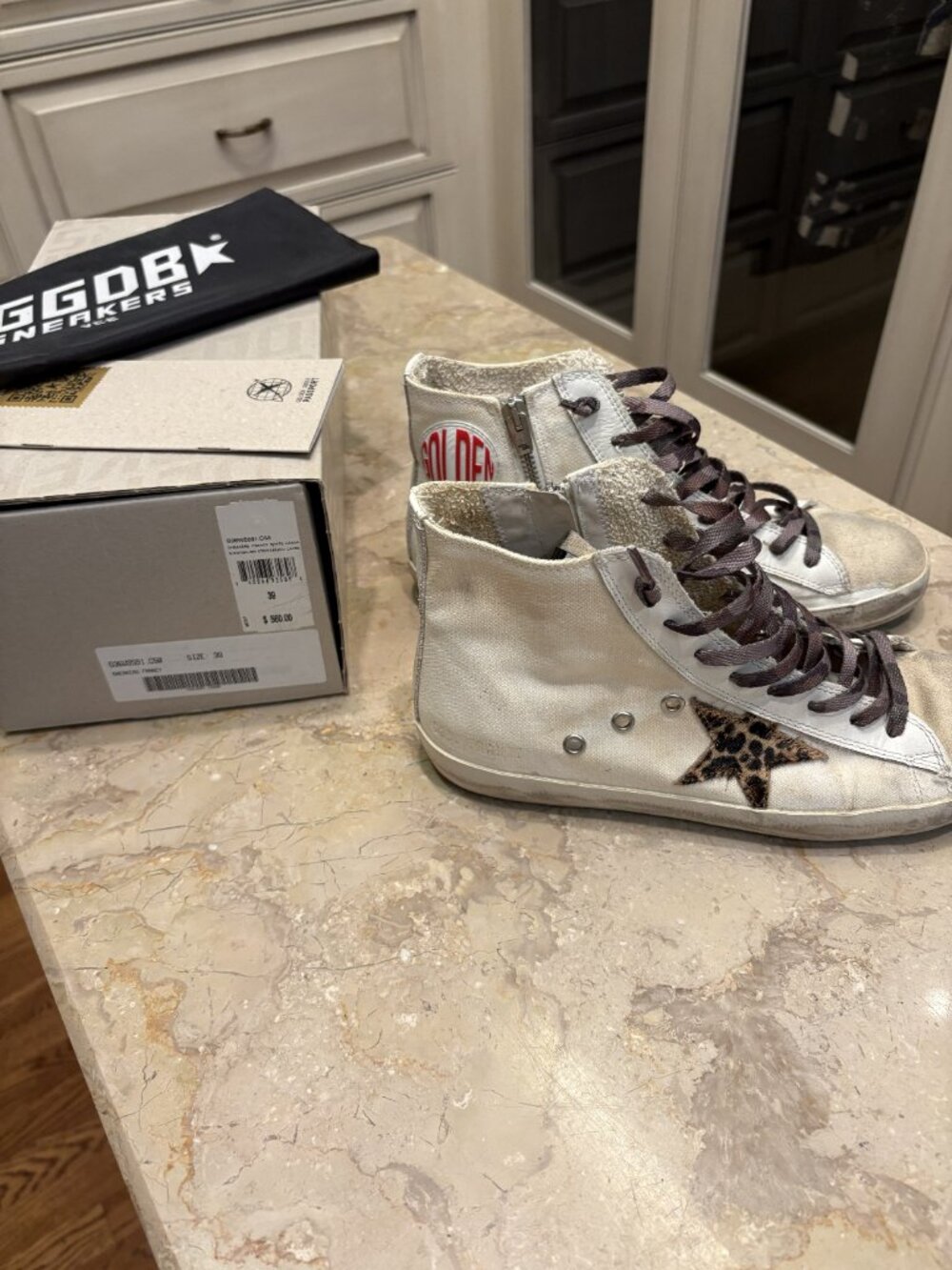 GOLDEN GOOSE FRANCY HIGH TOP SNEAKERS - Size 9B/39EU - White Canvas/Camo Laces - Picture 2 of 5